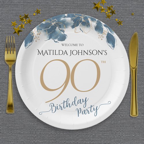 Blue Gold Floral Custom 90th Birthday Party  Paper Plates