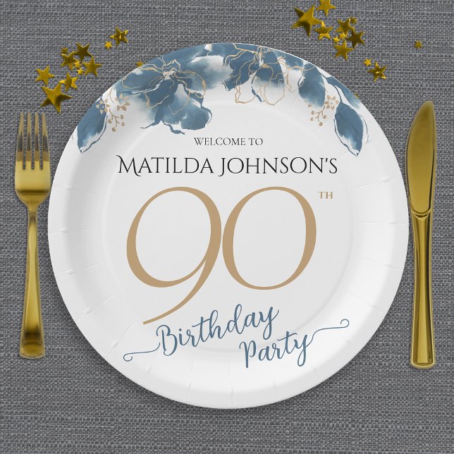Blue Gold Floral Custom 90th Birthday Party  Paper Plates (Blue Gold Floral Custom 90th Birthday Party Paper Plates)