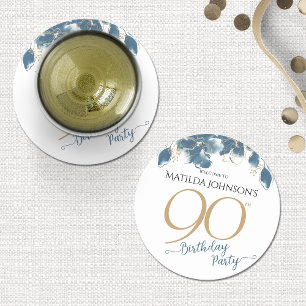 Blue Gold Floral Custom 90th Birthday Party Round Paper Coaster