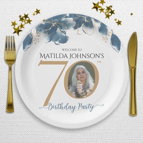 Blue Gold Floral Custom Photo 70th Birthday Party Paper Plates