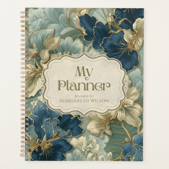 Blue Gold Floral Daily Planner Study Organizer (Front)