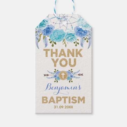 Blue Gold Floral Dreamcatcher Baptism Christening Gift Tags