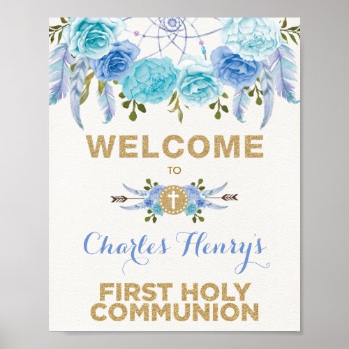 Blue Gold Floral Dreamcatcher Communion Welcome Poster