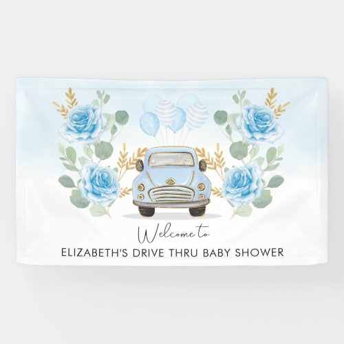 Blue Gold Floral Drive Thru Baby Shower Welcome Banner