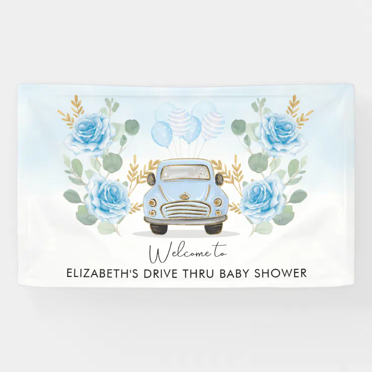 Blue Gold Floral Drive Thru Baby Shower Banner Zazzle
