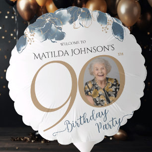 Blue Gold Floral Elegant Decor 90th Birthday Party Balloon