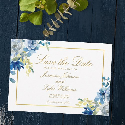 Blue Gold Floral Elegant Evening Save The Date