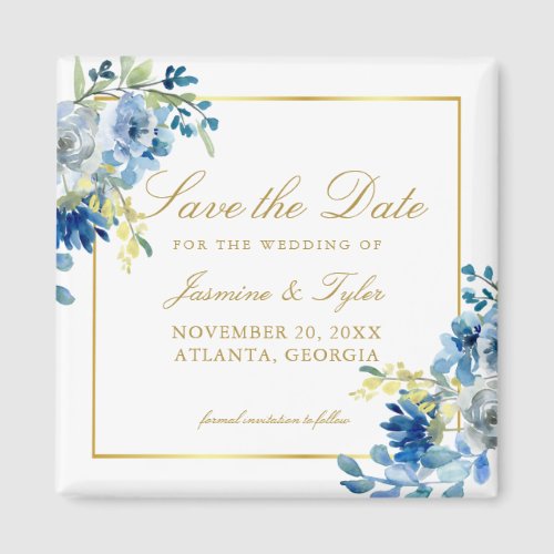 Blue Gold Floral Elegant Evening Save the Date Magnet