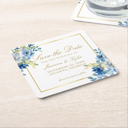 Blue Gold Floral Elegant Evening Save the Date Square Paper Coaster