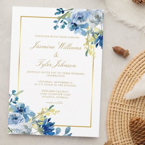 Blue Gold Floral Elegant Evening Winter Wedding Invitation