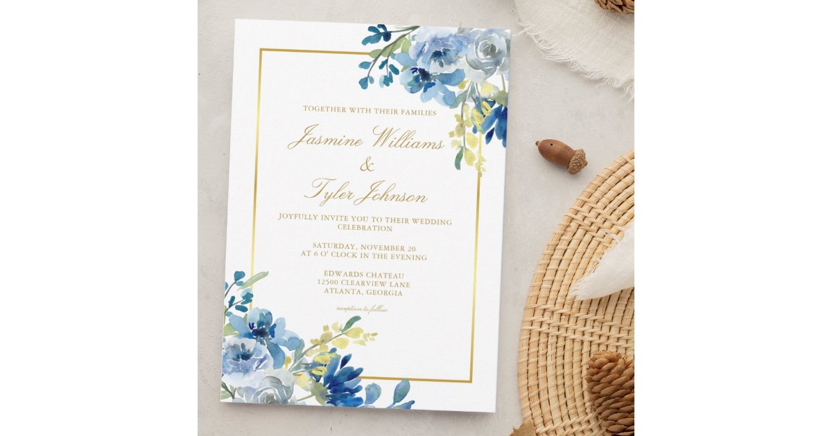 Blue Gold Floral Elegant Evening Winter Wedding Invitation | Zazzle