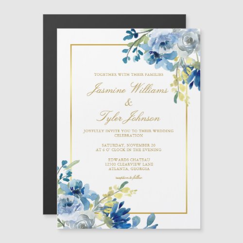 Blue Gold Floral Elegant Evening Winter Wedding Magnetic Invitation