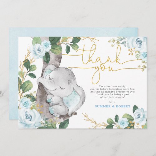 Blue Gold Floral Elephant Baby Thank You Card