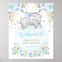 Blue Gold Floral Elephant Boy Baby Shower Welcome Poster