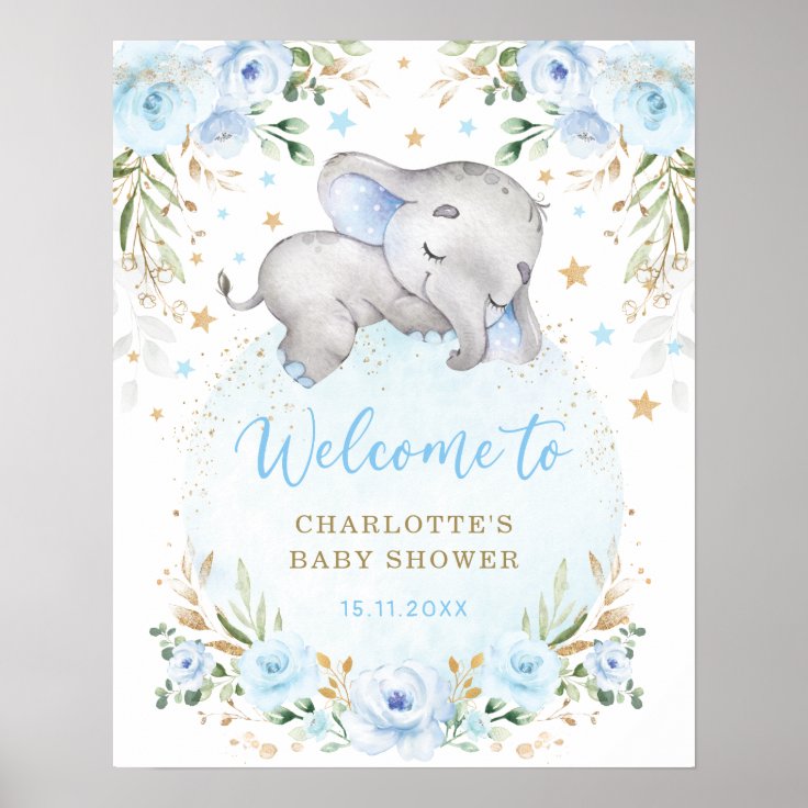 Blue Gold Floral Elephant Boy Baby Shower Welcome Poster | Zazzle