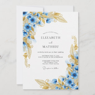 Blue Gold Floral Enchanted Wedding Invitation