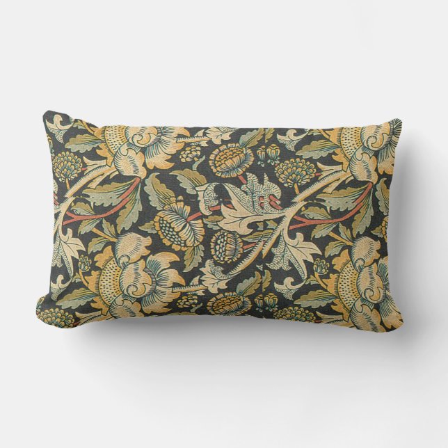 Blue Gold Floral Fabric Lumbar Pillow (Front)