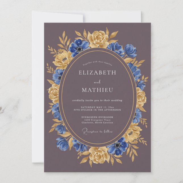 Blue Gold Floral Flourish Wedding Invitation (Front)