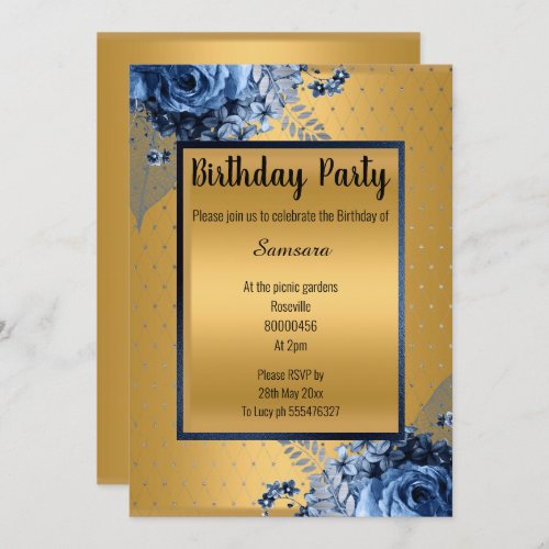 BLUE GOLD FLORAL FULL PRINT ALL OCCASION BIRTHDAY INVITATION