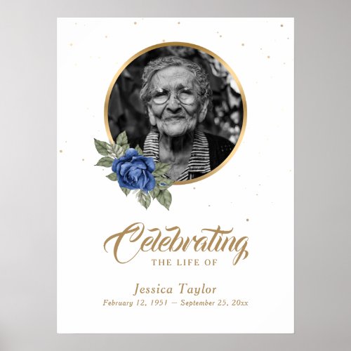 Blue Gold Floral Funeral Photo Welcome Sign