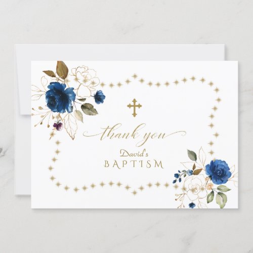 Blue Gold Floral Gold Glitter Frame Boy Baptism Thank You Card