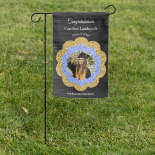 Blue Gold Floral & Graduate Photo Garden Flag