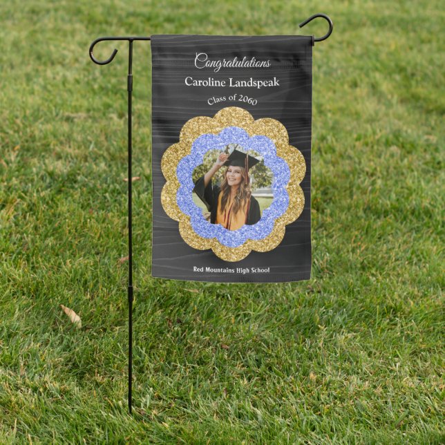 Blue Gold Floral & Graduate Photo Garden Flag (In SItu)