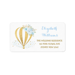 Blue Gold Floral Hot Air Balloon Return Address Label