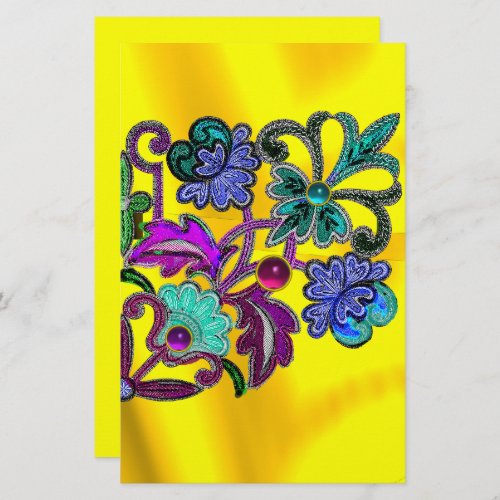 BLUE GOLD FLORAL LACEFLOWERS COLORFUL GEMSTONES STATIONERY