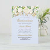 Blue Gold Floral Leaf Watercolor Quinceanera Invitation (Standing Front)