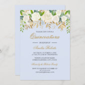 Blue Gold Floral Leaf Watercolor Quinceanera Invitation (Front/Back)