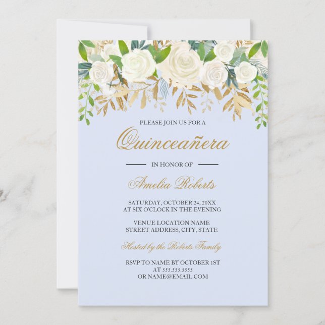 Blue Gold Floral Leaf Watercolor Quinceanera Invitation (Front)