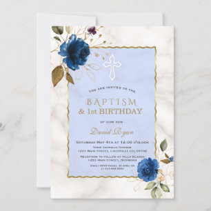 Blue Gold Floral Marble 1st Birthday & Baptism Invitation