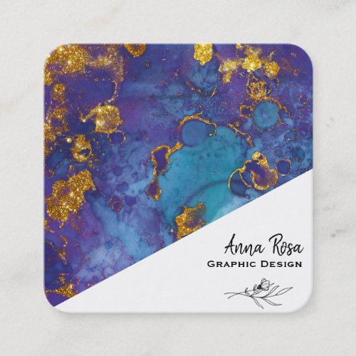  Blue Gold Floral Marble Abstract Organic Square Business Card