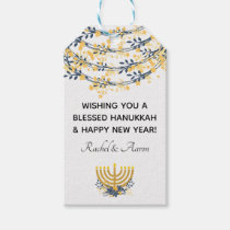 Blue &amp; Gold Floral + Menorah Pattern Hanukkah Blue Gift Tags