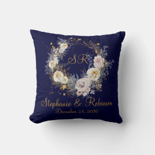 Blue Gold Floral Monogram Logo Wedding Gift Throw Pillow