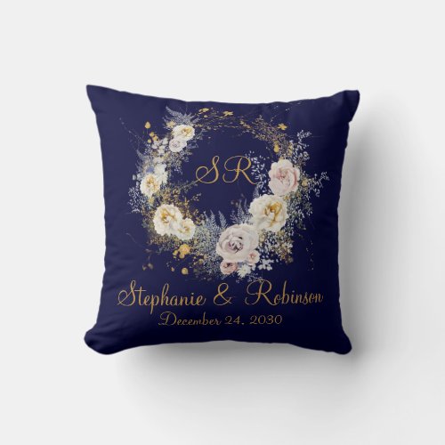 Blue Gold Floral Monogram Logo Wedding Gift  Throw Pillow