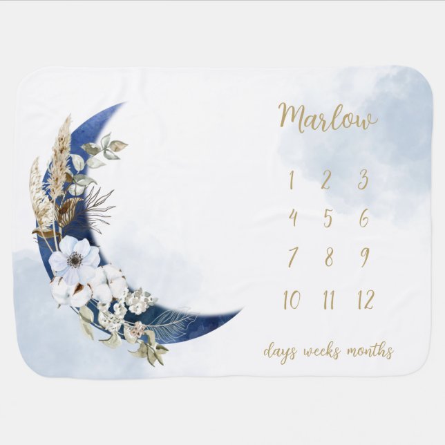 Blue Gold Floral Moon Baby Milestone Blanket  (Horizontal)