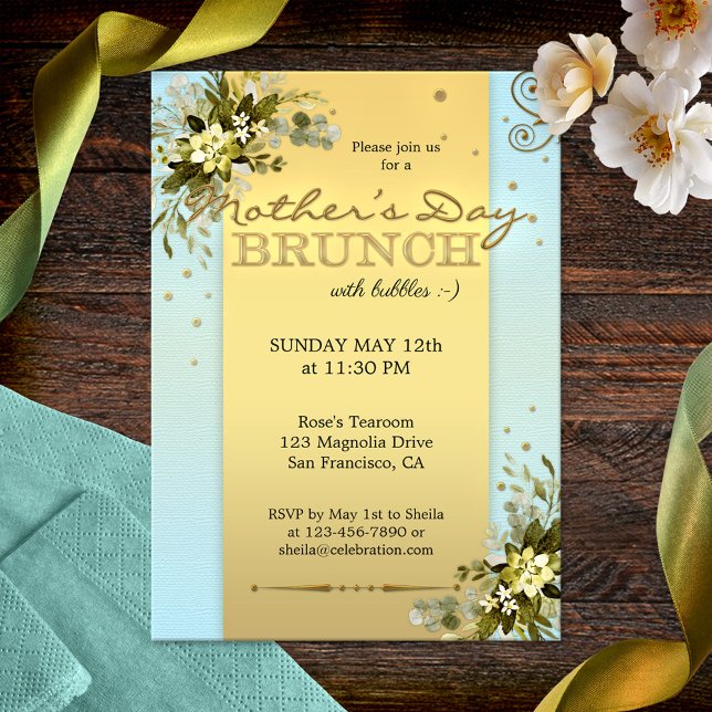 Blue Gold Floral Mothers Day Brunch Invitation (Elegant Mother's Day Brunch invitation featuring a gold stylized design with watercolor leaves)