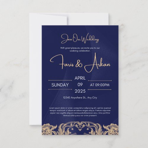 Blue  Gold Floral Muslim Wedding Invitation 