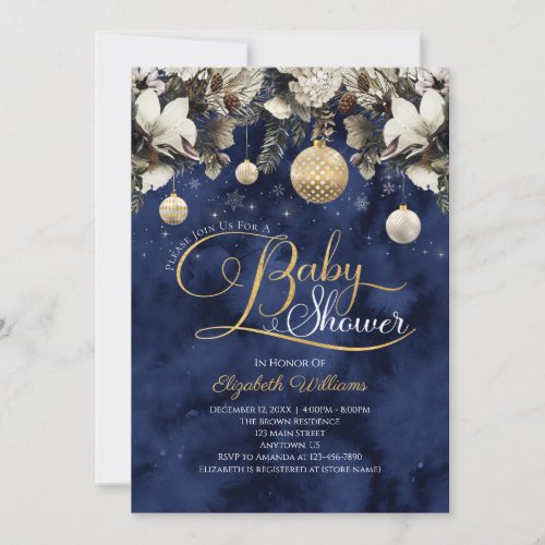 Blue Gold Floral Ornaments Christmas Baby Shower Invitation