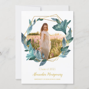 Blue Gold Floral Photo Graduation Party Invitation