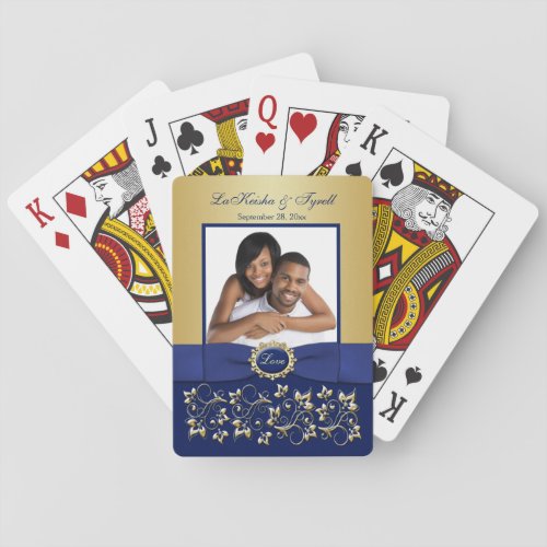 Blue Gold Floral Photo Playing Cards