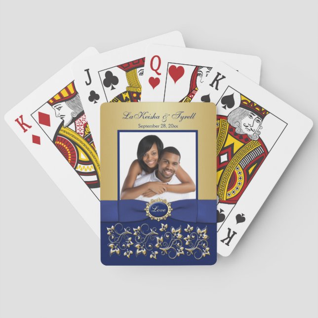 Blue, Gold Floral Photo Playing Cards (Back)