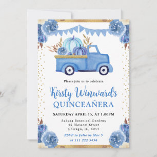 Blue Gold Floral Pumpkin Truck Fall Quinceanera Invitation