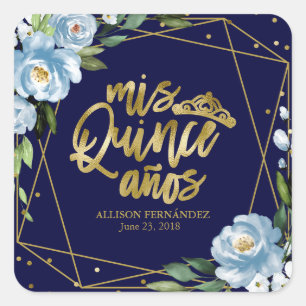 Blue Gold Floral Quinceanera Square Sticker