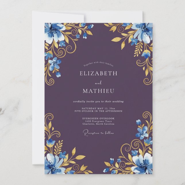 Blue Gold Floral Romance Wedding Invitation (Front)