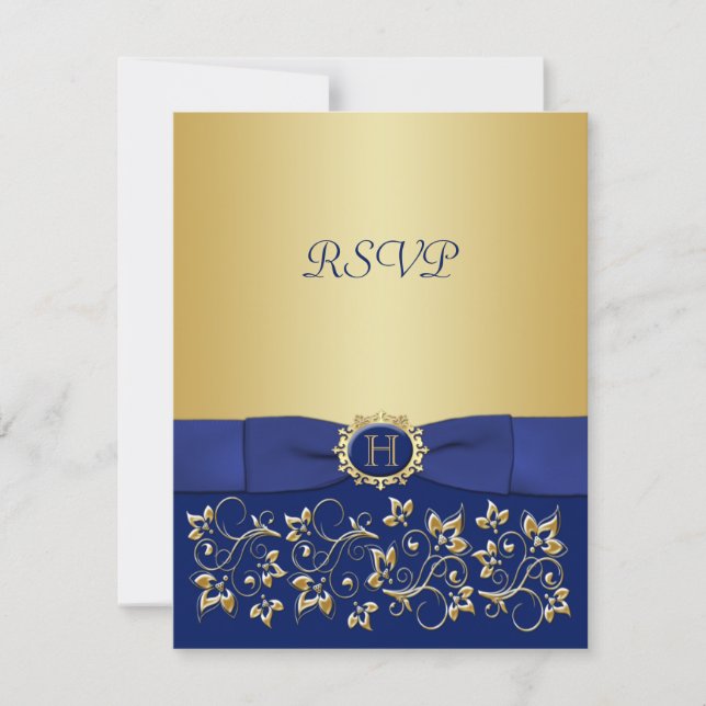 Blue, Gold Floral Scroll Wedding Reply Card (Front)