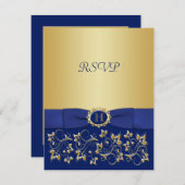 Blue, Gold Floral Scroll Wedding Reply Card (Front/Back)