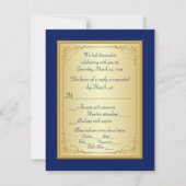 Blue, Gold Floral Scroll Wedding Reply Card (Back)